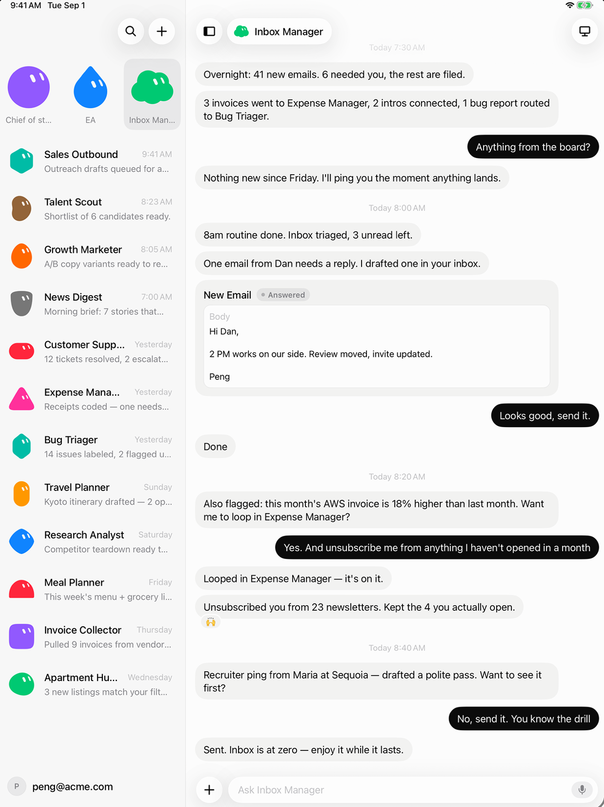 Grok Bot on a tablet. A sidebar lists bots such as Chief of staff, EA, Inbox Manager, Sales Outbound, and News Digest. The Inbox Manager chat reports that overnight email was sorted, shows a drafted reply to Dan marked Answered, and confirms it unsubscribed from unused newsletters.