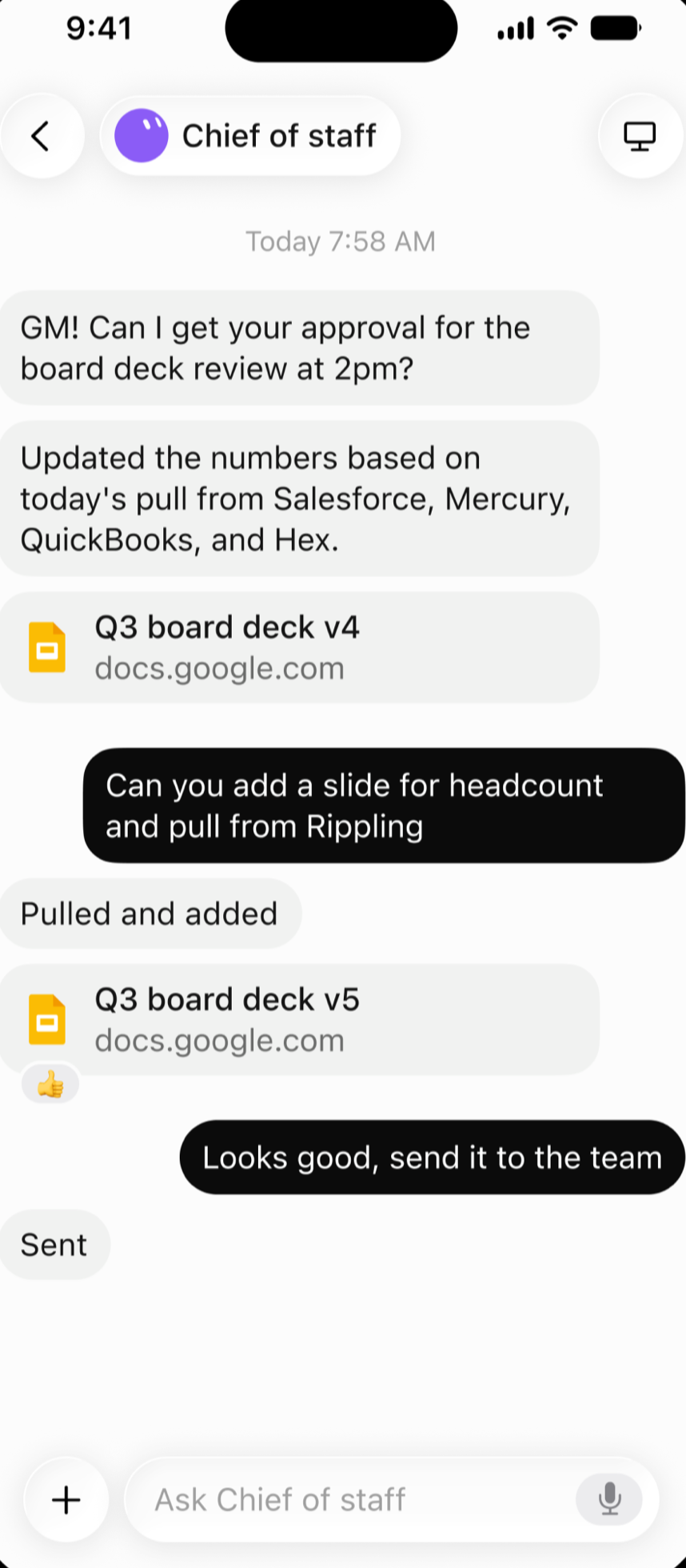 Grok Bot on a phone. In a Chief of staff chat, the bot asks for approval of a board deck review, adds a headcount slide when asked, and sends the updated deck to the team.